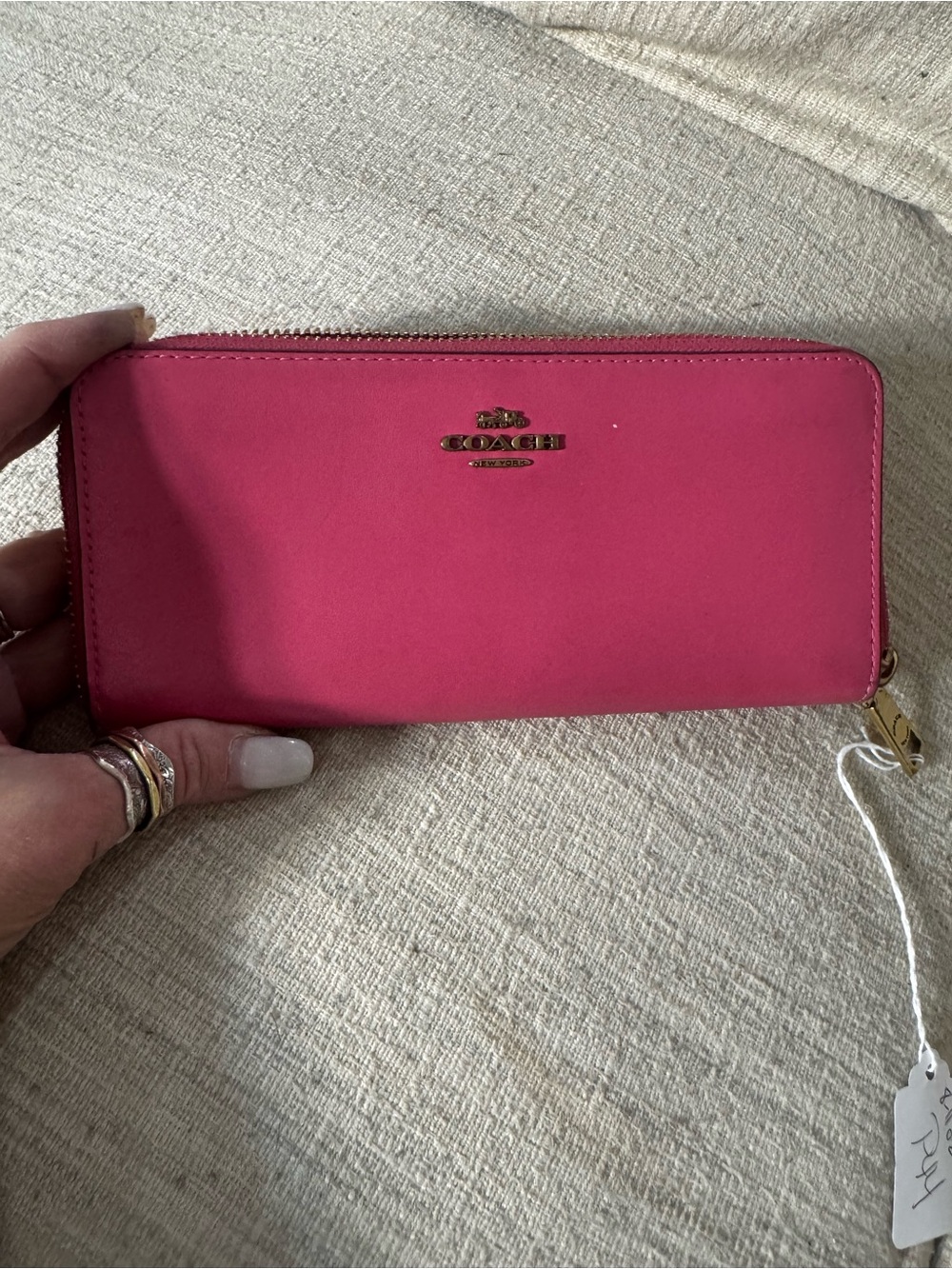Coach Hot Pink Zip-Around Leather Wallet with Gold Logo